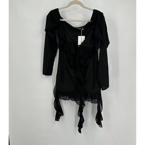 Womens Whimsigoth Black Ruffle Tie Front Size L Asymmetric Hem Witchy Gothic